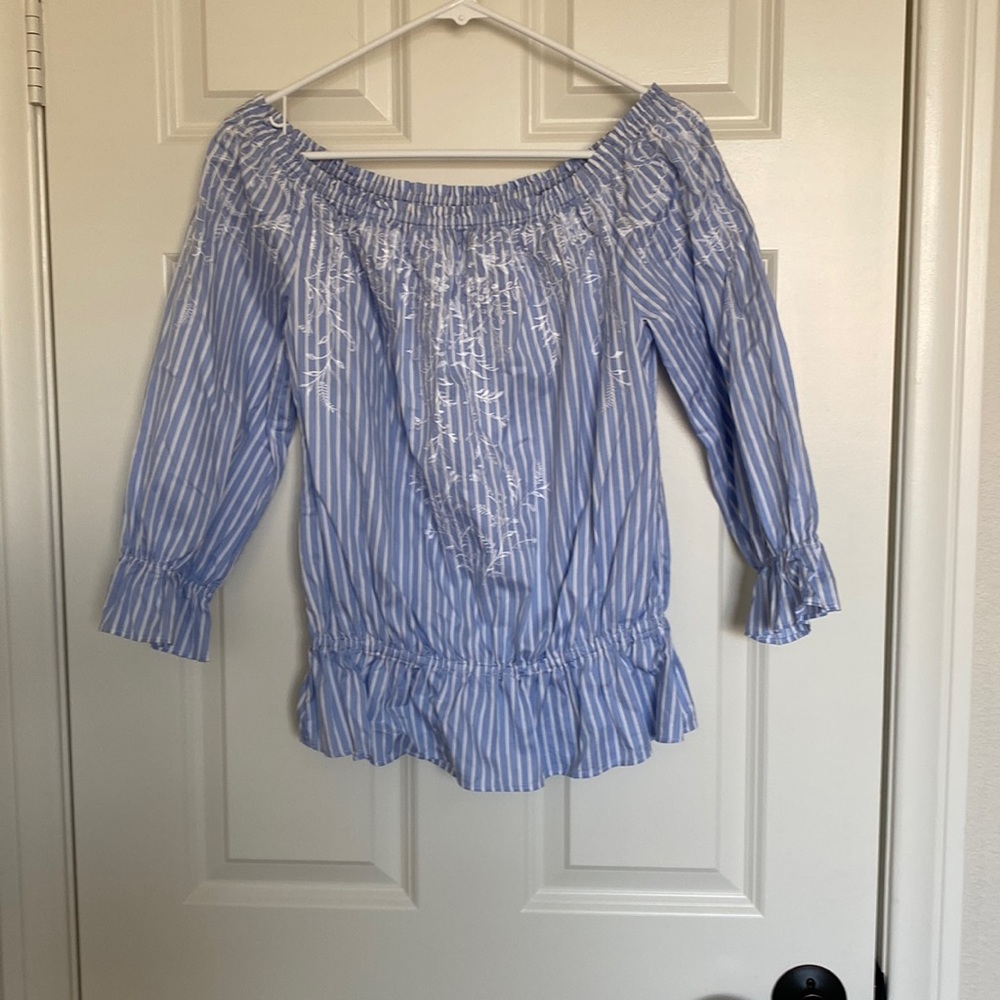 White House Black Market Off the Should blue and white blouse .  Size medium